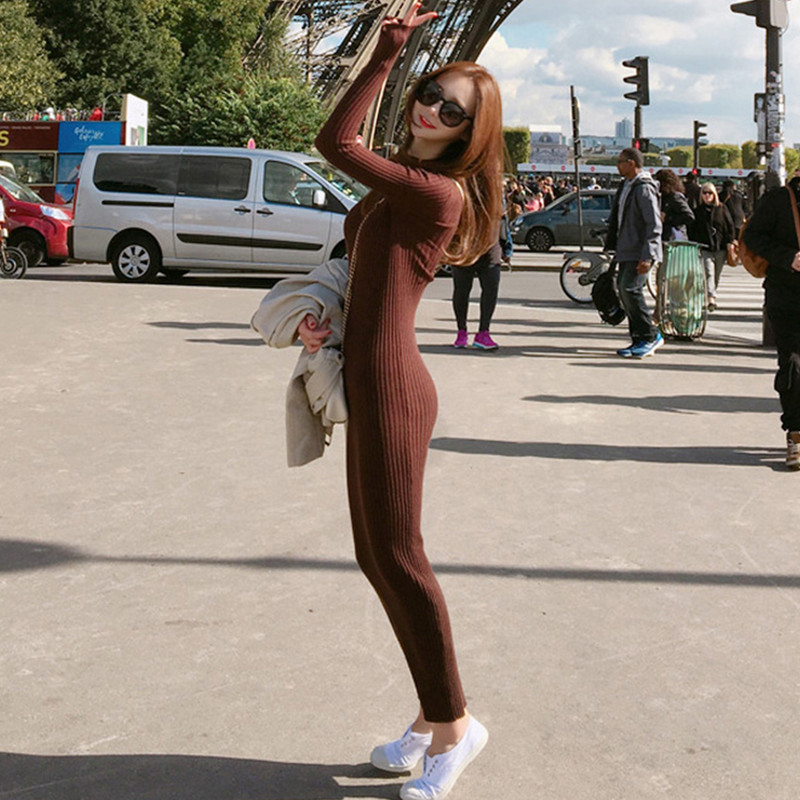 Iarnă calduroasă pulovere subțire rochie pulover la modă tricotat rochie din bumbac femei cu mânecă lungă decolteu O teacă rochie până la gleznă