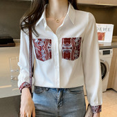 Bijela bluza Čipkana košulja s V-izrezom Ženska odjeća Ženske košulje s dugim rukavima Jesenske ženske majice Korejski Harajuku Chemisier Femme