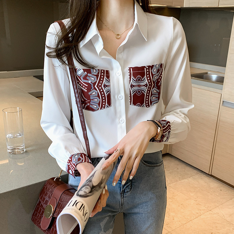 Bijela bluza Čipkana košulja s V-izrezom Ženska odjeća Ženske košulje s dugim rukavima Jesenske ženske majice Korejski Harajuku Chemisier Femme