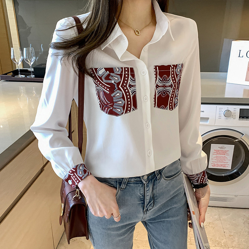 Bijela bluza Čipkana košulja s V-izrezom Ženska odjeća Ženske košulje s dugim rukavima Jesenske ženske majice Korejski Harajuku Chemisier Femme