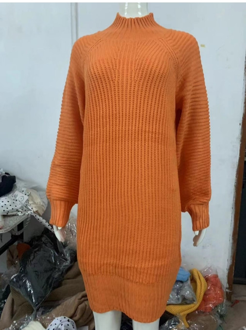 Ženska odjeća Bijela haljina Modni jednobojni pulover s visokim izrezom i lanternastim rukavima Pletene ležerne haljine Ulična odjeća Jesen Novo 2023.