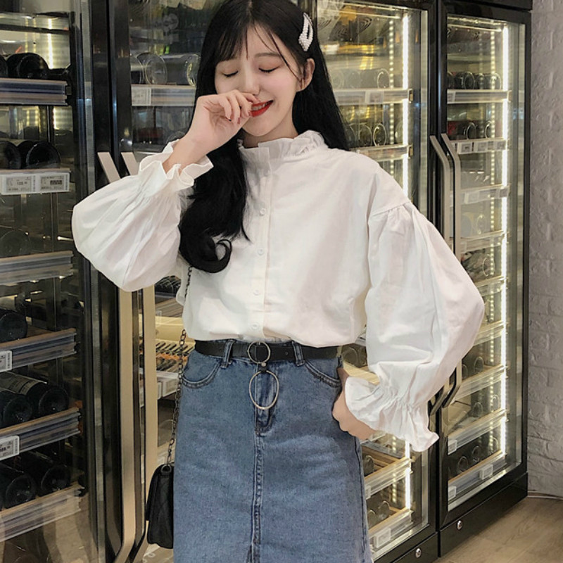 Ženske košulje s volanima za slobodno vrijeme Samostojeći ovratnik Jednobojni široki rukavi Ženske šik plisirane široke bluze Slatka košulja Studenti Novo za sve