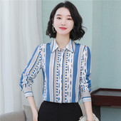 Eleganti biroja sieviešu darba puķu rūtaini krekli Sieviešu satīna zīda blūze Modes ar garām piedurknēm atloks Svītrains krekls Sieviešu ikdienas tops