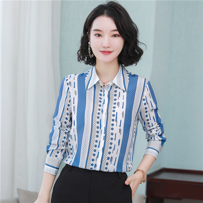 Eleganti biroja sieviešu darba puķu rūtaini krekli Sieviešu satīna zīda blūze Modes ar garām piedurknēm atloks Svītrains krekls Sieviešu ikdienas tops