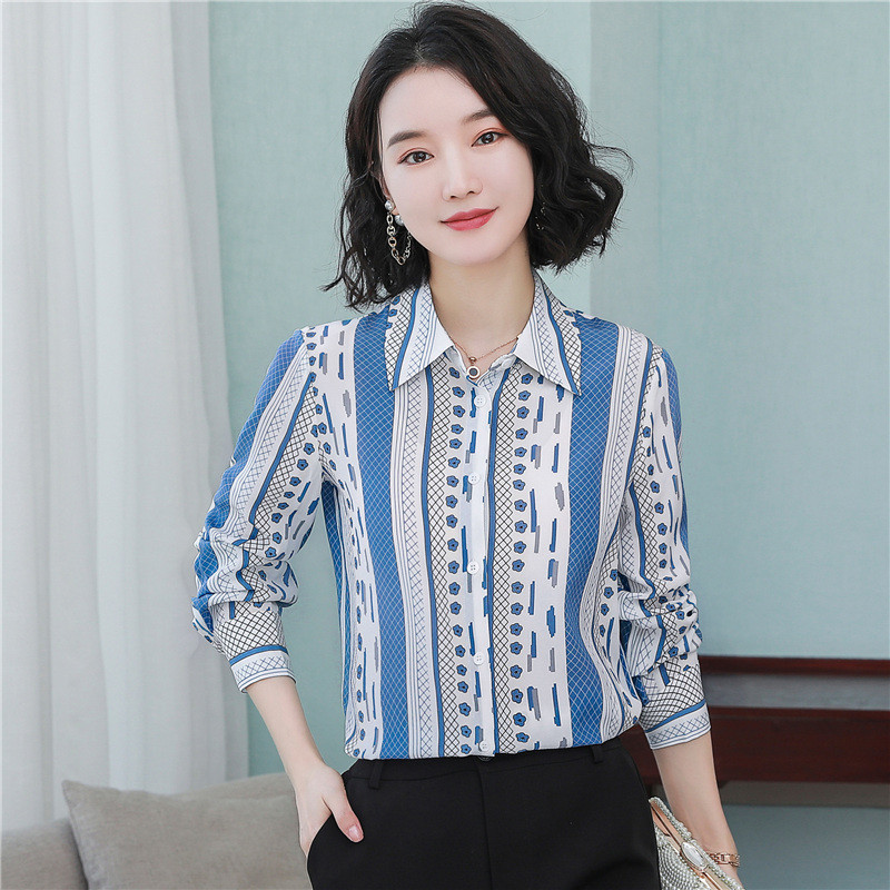 Eleganti biroja sieviešu darba puķu rūtaini krekli Sieviešu satīna zīda blūze Modes ar garām piedurknēm atloks Svītrains krekls Sieviešu ikdienas tops