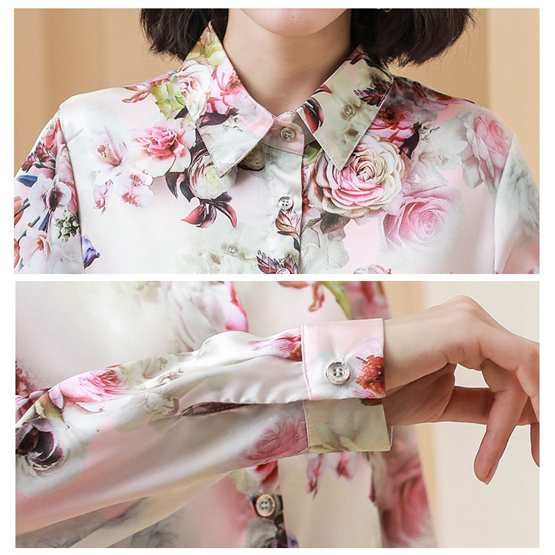 Cămăși elegante de birou pentru damă, bluză de damă, modă coreeană, cu mânecă lungă, cămașă din mătase, satin, floral, pentru femei, îmbrăcăminte 4XL