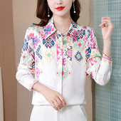 2023. gada pavasara vasara Satīna zīda krekli Sieviešu blūzes Ikdienišķas Brīvas ar garām piedurknēm Modes ar apdruku Sieviešu darba krekli Sieviešu topi