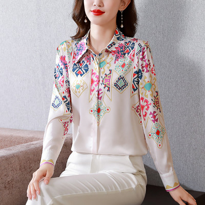 2023. gada pavasara vasara Satīna zīda krekli Sieviešu blūzes Ikdienišķas Brīvas ar garām piedurknēm Modes ar apdruku Sieviešu darba krekli Sieviešu topi