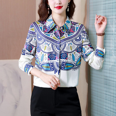 2023. gada pavasara vasara Satīna zīda krekli Sieviešu blūzes Ikdienišķas Brīvas ar garām piedurknēm Modes ar apdruku Sieviešu darba krekli Sieviešu topi