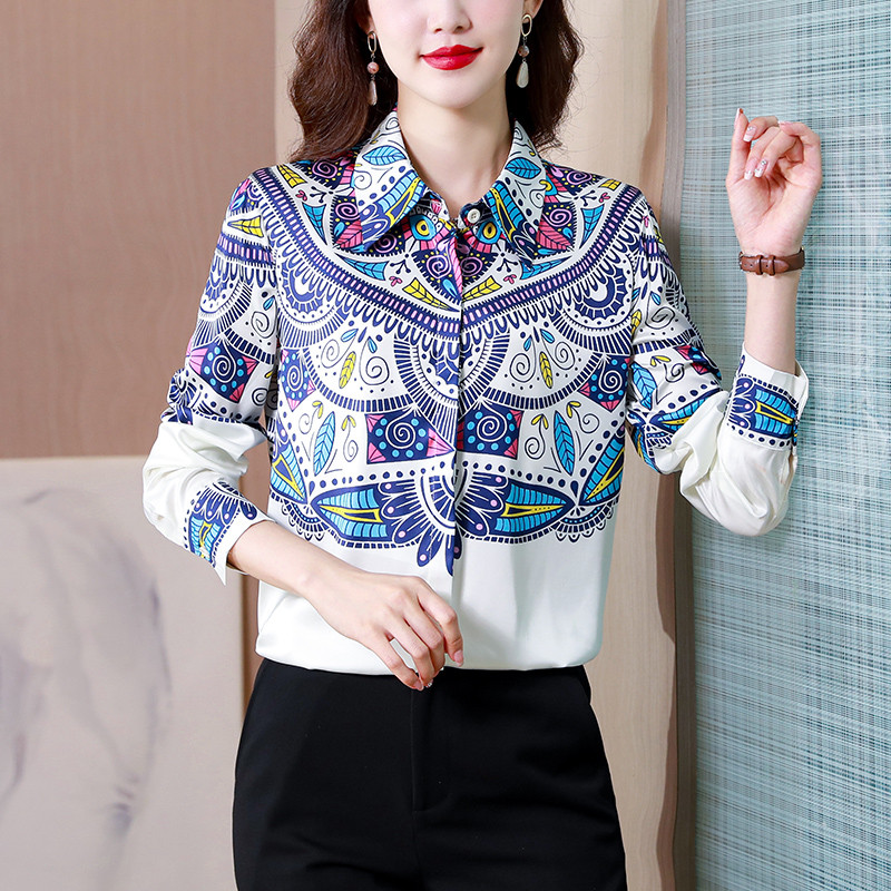 2023. gada pavasara vasara Satīna zīda krekli Sieviešu blūzes Ikdienišķas Brīvas ar garām piedurknēm Modes ar apdruku Sieviešu darba krekli Sieviešu topi