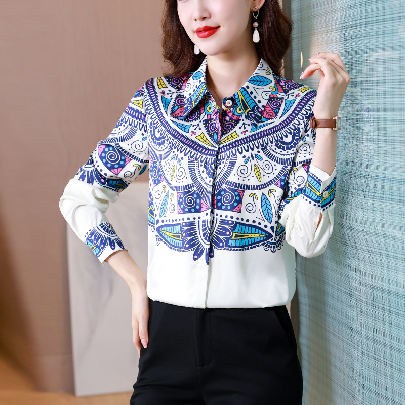 2023. gada pavasara vasara Satīna zīda krekli Sieviešu blūzes Ikdienišķas Brīvas ar garām piedurknēm Modes ar apdruku Sieviešu darba krekli Sieviešu topi
