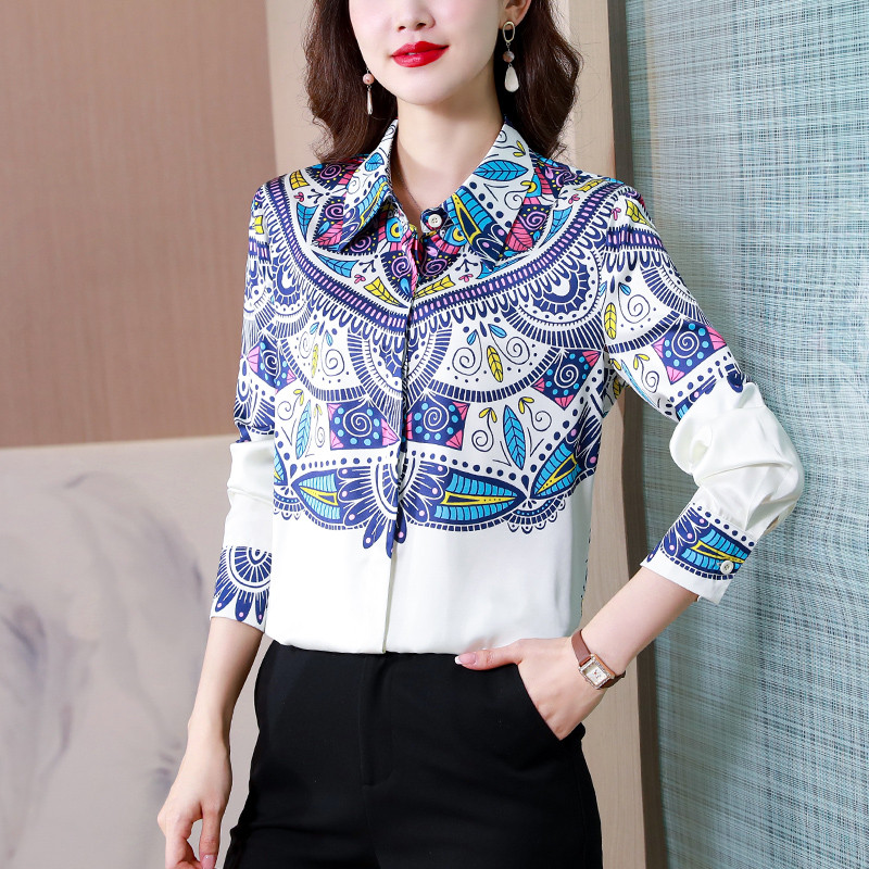 2023. gada pavasara vasara Satīna zīda krekli Sieviešu blūzes Ikdienišķas Brīvas ar garām piedurknēm Modes ar apdruku Sieviešu darba krekli Sieviešu topi