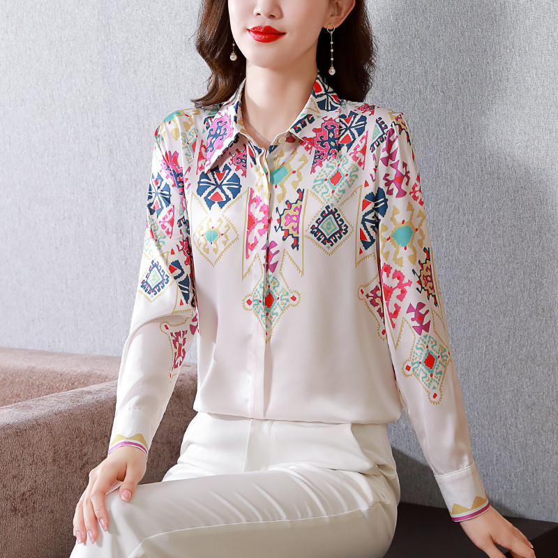 2023. gada pavasara vasara Satīna zīda krekli Sieviešu blūzes Ikdienišķas Brīvas ar garām piedurknēm Modes ar apdruku Sieviešu darba krekli Sieviešu topi