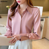 Cămașă de primăvară toamnă cu mânecă lungă din mătase din satin Bluze pentru femei cu nasturi ascunși Top de petrecere casual, la modă coreeană, la birou, cămașă de lucru pentru femei