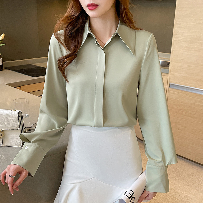 Cămașă de primăvară toamnă cu mânecă lungă din mătase din satin Bluze pentru femei cu nasturi ascunși Top de petrecere casual, la modă coreeană, la birou, cămașă de lucru pentru femei