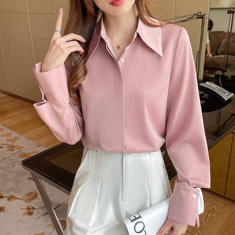 Cămașă de primăvară toamnă cu mânecă lungă din mătase din satin Bluze pentru femei cu nasturi ascunși Top de petrecere casual, la modă coreeană, la birou, cămașă de lucru pentru femei