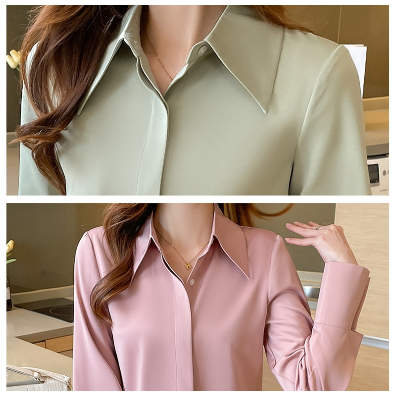 Cămașă de primăvară toamnă cu mânecă lungă din mătase din satin Bluze pentru femei cu nasturi ascunși Top de petrecere casual, la modă coreeană, la birou, cămașă de lucru pentru femei