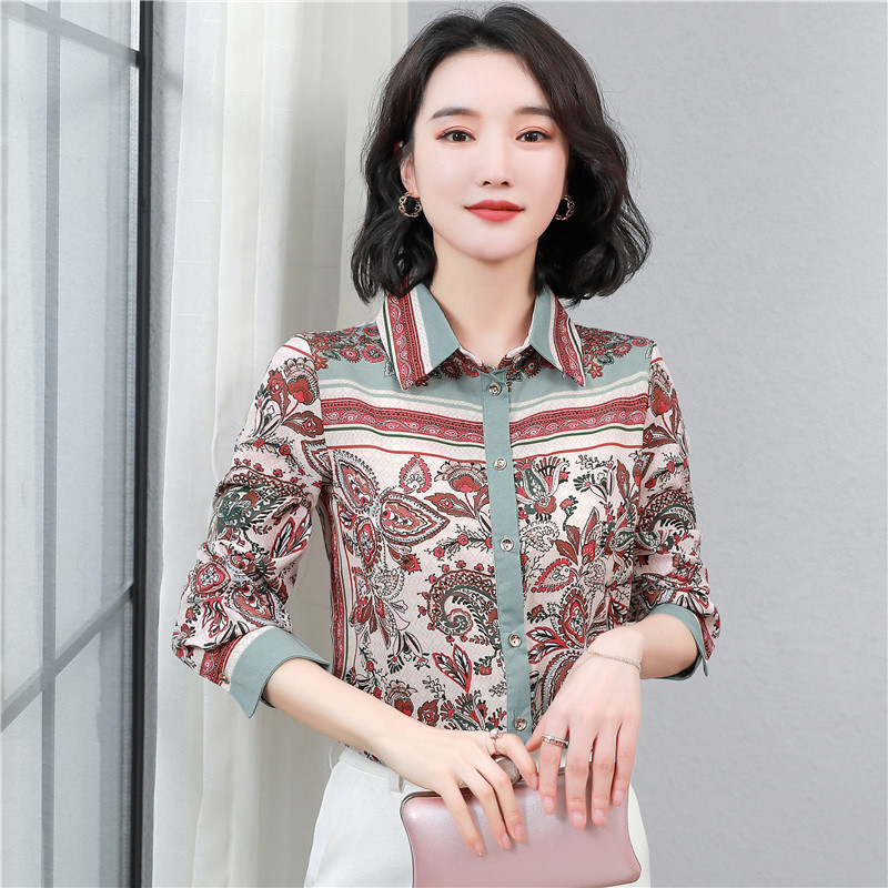 Elegantne svilene košulje s kariranim cvjetnim uzorkom Ženska satenska bluza Proljeće Ljeto S dugim rukavima na rever Uredska ženska radna košulja Ženske majice