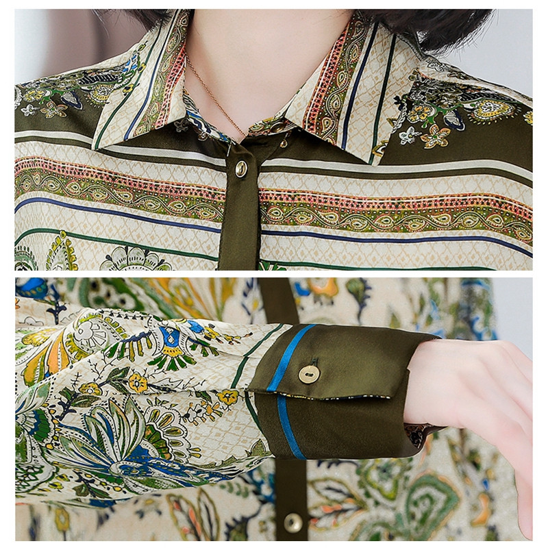 Elegantne svilene košulje s kariranim cvjetnim uzorkom Ženska satenska bluza Proljeće Ljeto S dugim rukavima na rever Uredska ženska radna košulja Ženske majice