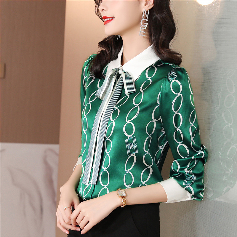 Chic Svilene košulje s prugastim lancem i mašnom Ženske majice Satenska bluza Proljeće Jesen Dugi rukavi s reverom Uredska ženska radna košulja Odjeća