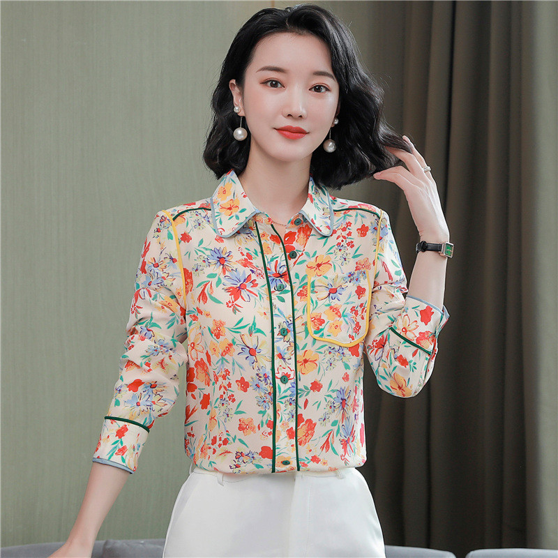 Modni cvjetni print Ženske svilene košulje Ženske bluze 2022. Proljeće Jesen Dugih rukava OL Radne satenske majice Topovi Blusas Mujer