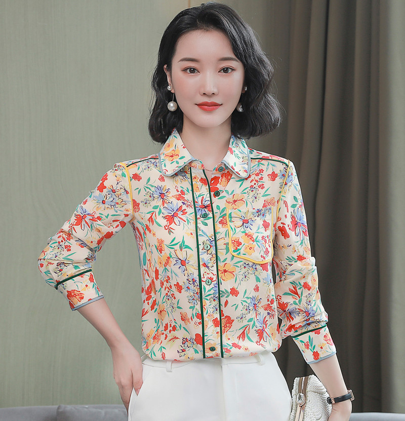 Modni cvjetni print Ženske svilene košulje Ženske bluze 2022. Proljeće Jesen Dugih rukava OL Radne satenske majice Topovi Blusas Mujer