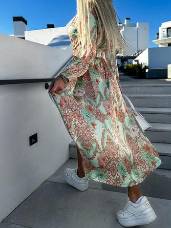 Boho floral print μακρύ φόρεμα Γυναικείο σέξι μακρυμάνικο φόρεμα με μακρυμάνικη λαιμόκοψη με σχιστό φόρεμα με ζώνη Κομψά φορέματα παραλίας Vestidos