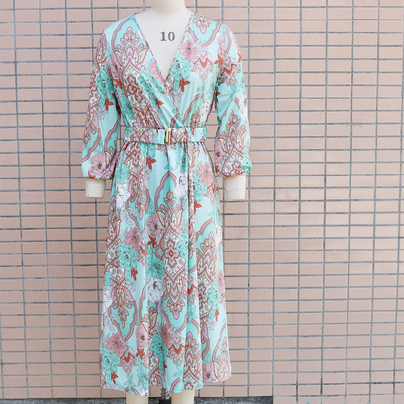 Boho lillemustriga pikk kleit naistele Seksikas sügava V-kaelusega pikkade varrukatega kõrge lõhestatud kiikkleit vööga Elegantsed rannakleidid Vestidos