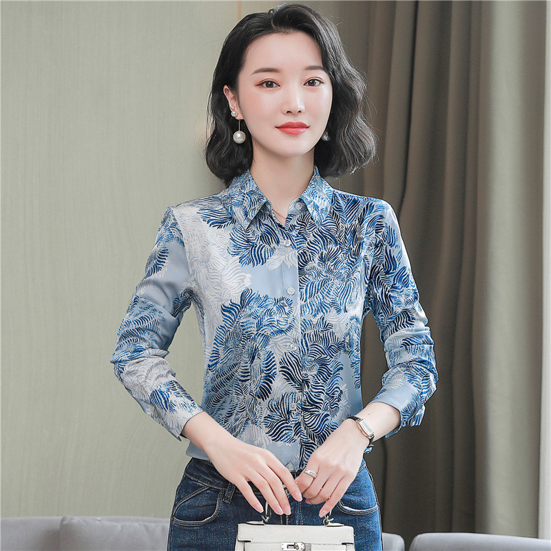 Chic cvjetni print Satenske svilene ženske bluze Elegantne ženske košulje 2022. Proljeće Jesen Radne majice dugih rukava Topovi Blusas Mujer
