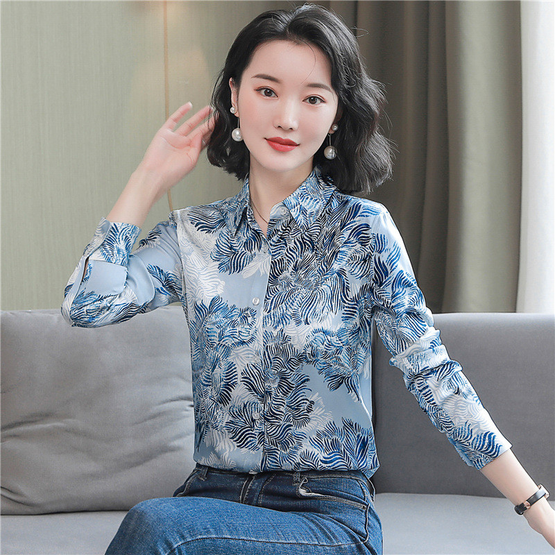 Chic cvjetni print Satenske svilene ženske bluze Elegantne ženske košulje 2022. Proljeće Jesen Radne majice dugih rukava Topovi Blusas Mujer