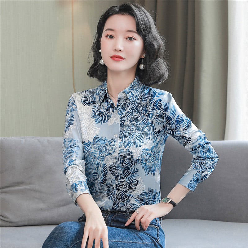 Chic cvjetni print Satenske svilene ženske bluze Elegantne ženske košulje 2022. Proljeće Jesen Radne majice dugih rukava Topovi Blusas Mujer