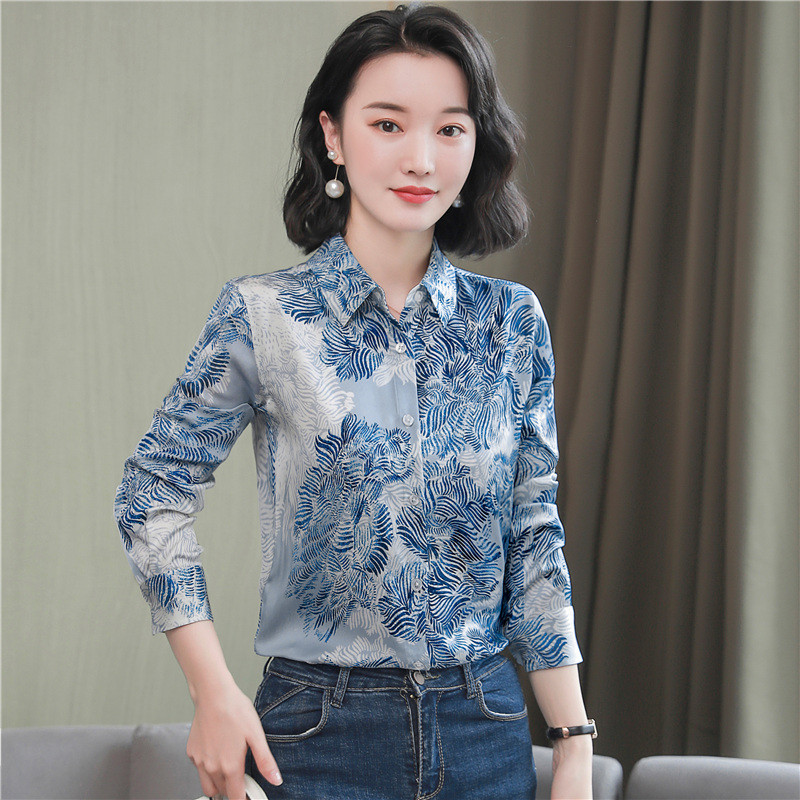 Chic cvjetni print Satenske svilene ženske bluze Elegantne ženske košulje 2022. Proljeće Jesen Radne majice dugih rukava Topovi Blusas Mujer