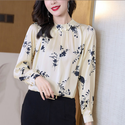 Modni cvjetovi s perlama Ženske svilene košulje Ženske bluze Proljeće Ljeto Dugi rukavi Biseri Elegantne OL Radne majice Gornji dijelovi Odjeća 2022.