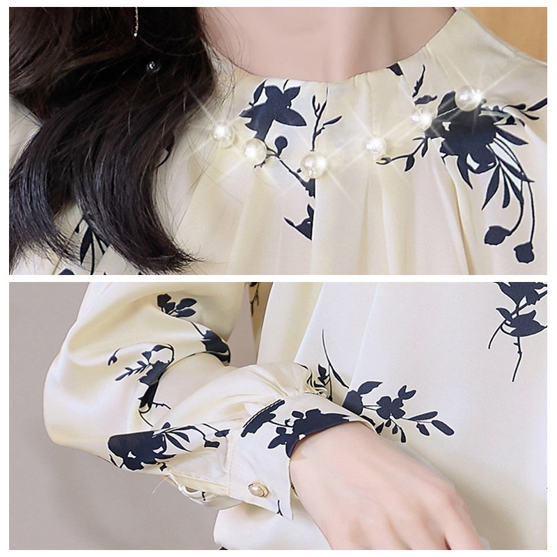 Modni cvjetovi s perlama Ženske svilene košulje Ženske bluze Proljeće Ljeto Dugi rukavi Biseri Elegantne OL Radne majice Gornji dijelovi Odjeća 2022.