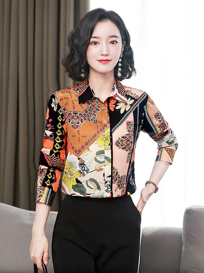 Cămăși de mătase din satin pentru femei, primăvară, vară, mâneci lungi, modă, imprimeu floral, cămăși de lucru pentru damă, bluze, topuri lejere, 2022 nou