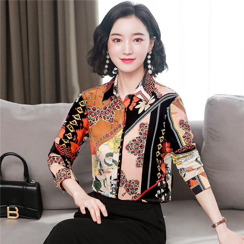 Cămăși de mătase din satin pentru femei, primăvară, vară, mâneci lungi, modă, imprimeu floral, cămăși de lucru pentru damă, bluze, topuri lejere, 2022 nou