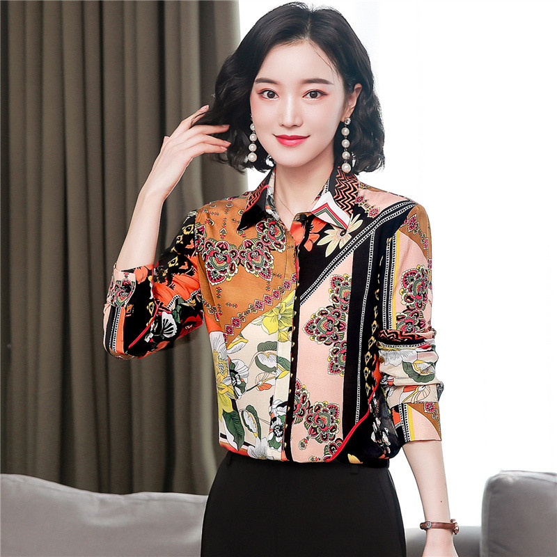 Cămăși de mătase din satin pentru femei, primăvară, vară, mâneci lungi, modă, imprimeu floral, cămăși de lucru pentru damă, bluze, topuri lejere, 2022 nou