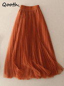 Qooth elastīga vidukļa 3 slāņu A līnijas Tutu svārki Eleganti vintage sieta, gari tilla svārki pavasara rudenim QT2117