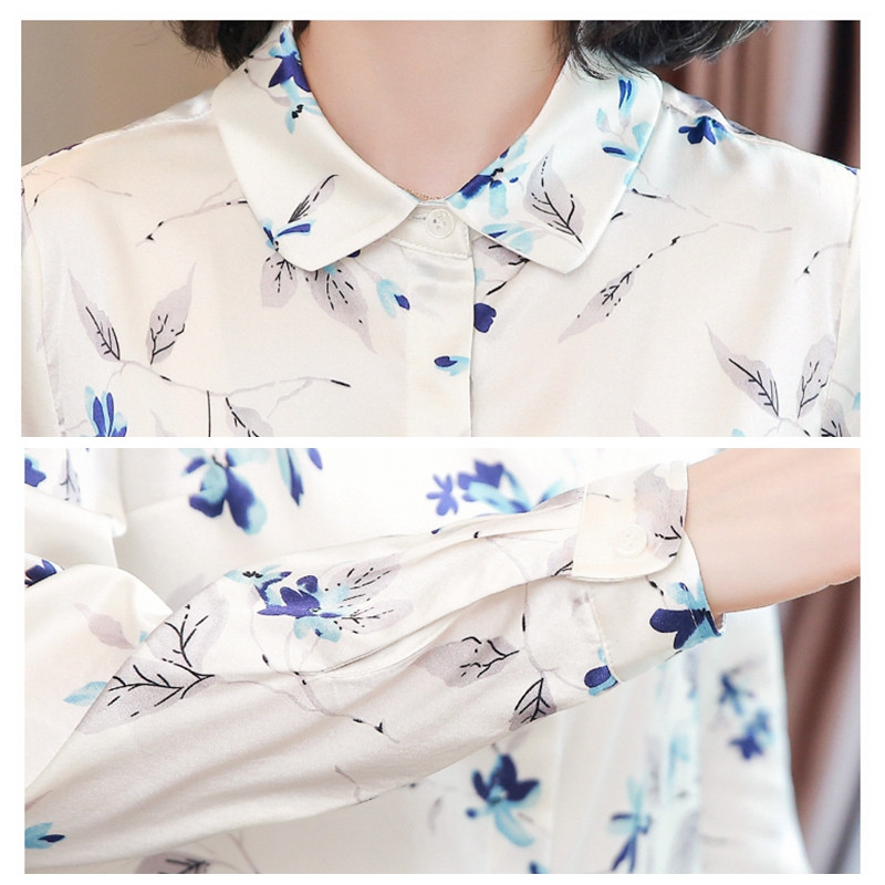 S-4XL Ženska satenska svilena košulja bluza s bijelim cvjetovima Korejska modna OL radna košulja s printom dugih rukava Elegantna ženska gornja odjeća
