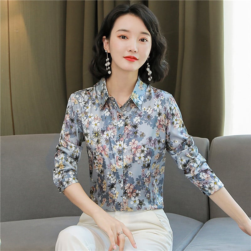 Cămașă elegantă din mătase florală pentru femei Topuri de modă coreeană cu mâneci lungi de birou pentru damă din satin bluză de lucru Îmbrăcăminte pentru femei S-4XL 2022 nou
