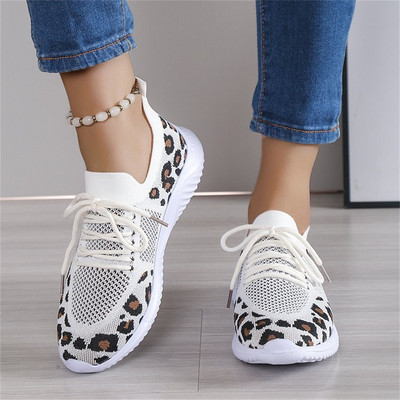 Pantofi de damă, ușori, respirabili, cu model leopard, cu șireturi, pantofi de alergat pentru damă, pantofi casual pentru femei, încălțăminte pentru femei