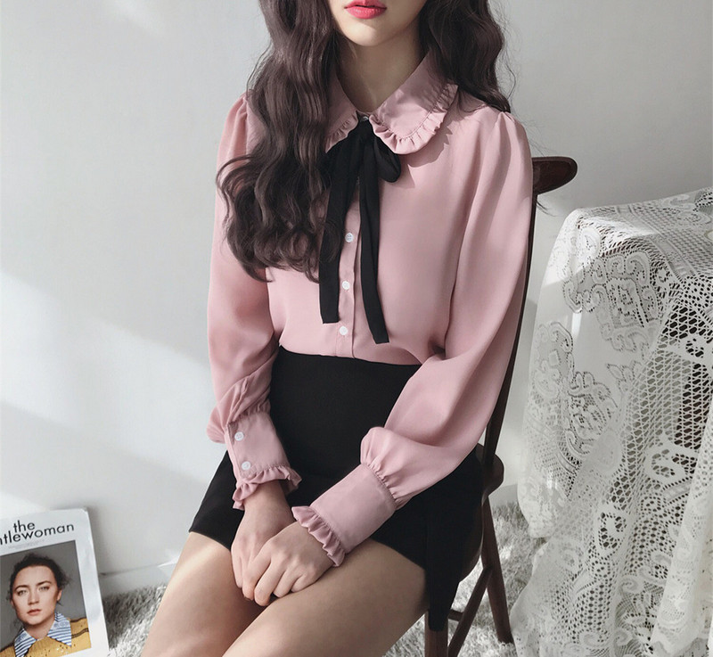 Ženske majice Hot Sales Ženska modna jesenska osnovna košulja dugih rukava, bluza, leptir mašna, vrpca, ružičasta bijela košulja e800