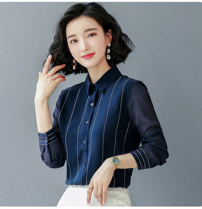 Modne prugaste bluze s printom Ženske majice Proljeće Jesen Ženske šifonske bluze dugih rukava s otvorenim ovratnikom Uredske ženske košulje