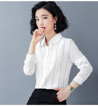 Modne prugaste bluze s printom Ženske majice Proljeće Jesen Ženske šifonske bluze dugih rukava s otvorenim ovratnikom Uredske ženske košulje