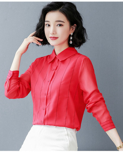 Modne prugaste bluze s printom Ženske majice Proljeće Jesen Ženske šifonske bluze dugih rukava s otvorenim ovratnikom Uredske ženske košulje