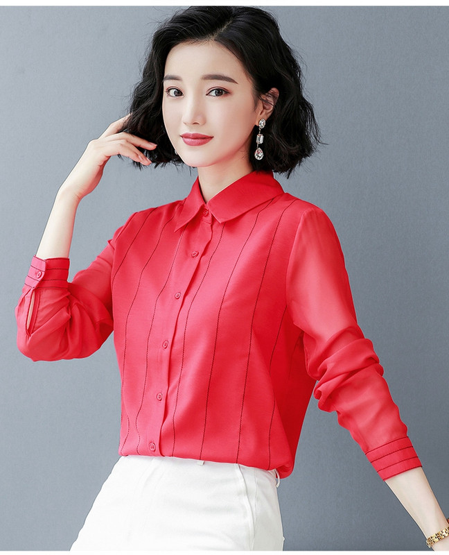 Modne prugaste bluze s printom Ženske majice Proljeće Jesen Ženske šifonske bluze dugih rukava s otvorenim ovratnikom Uredske ženske košulje