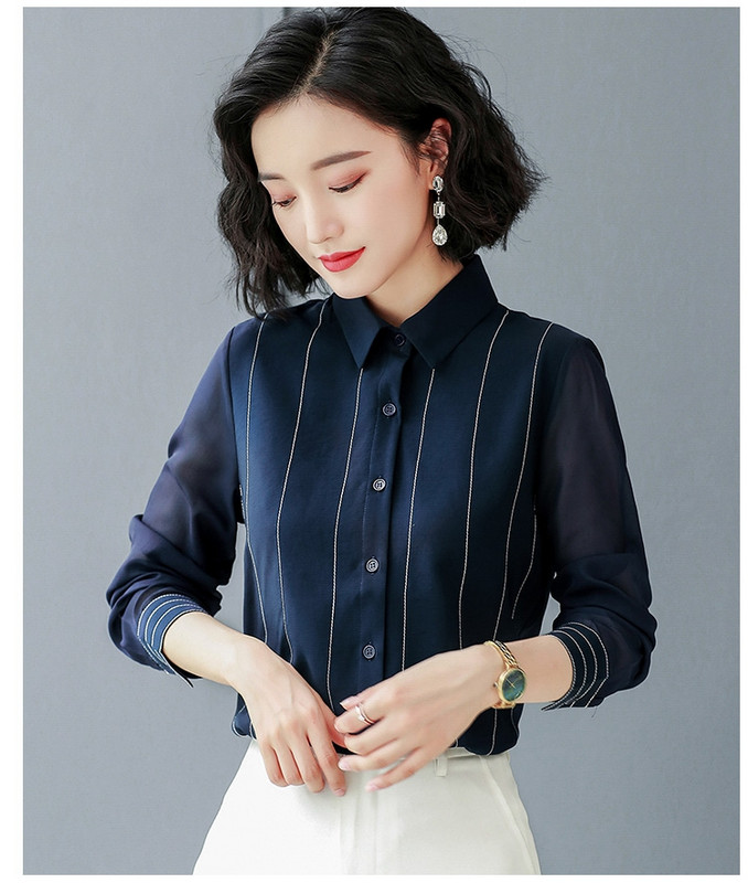 Modne prugaste bluze s printom Ženske majice Proljeće Jesen Ženske šifonske bluze dugih rukava s otvorenim ovratnikom Uredske ženske košulje