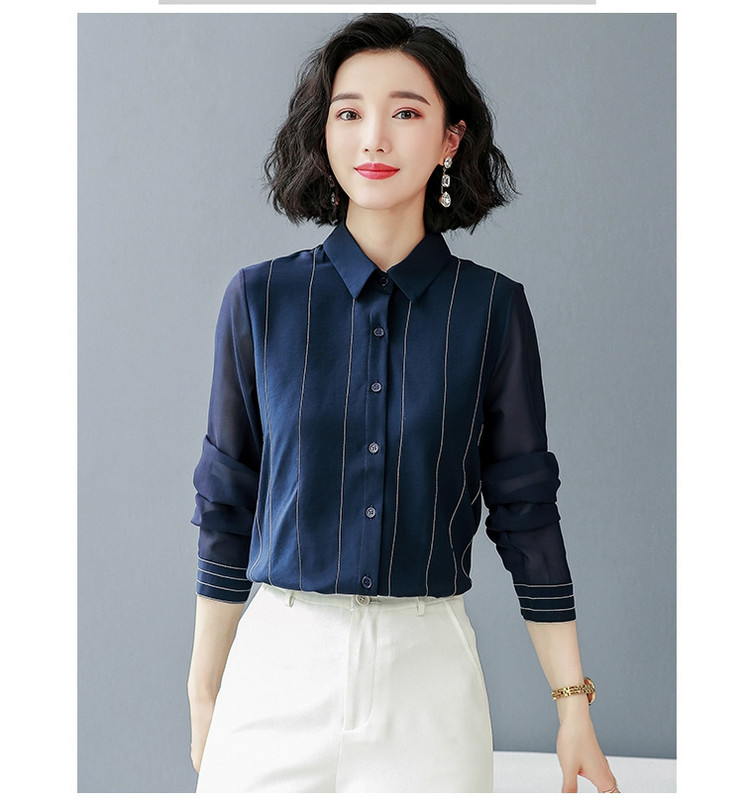 Modne prugaste bluze s printom Ženske majice Proljeće Jesen Ženske šifonske bluze dugih rukava s otvorenim ovratnikom Uredske ženske košulje