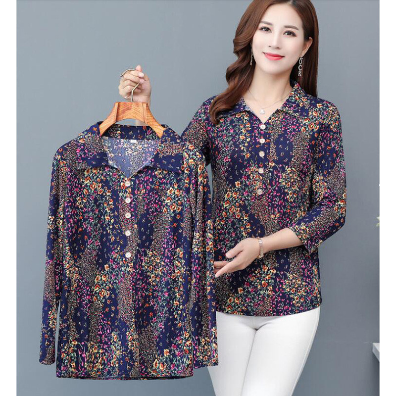 Sredovječne i starije ženske košulje Ljetne košulje na revere s printom dugih rukava Ležerna košulja Bluza Ženske majice Majčinska haljina 5XL
