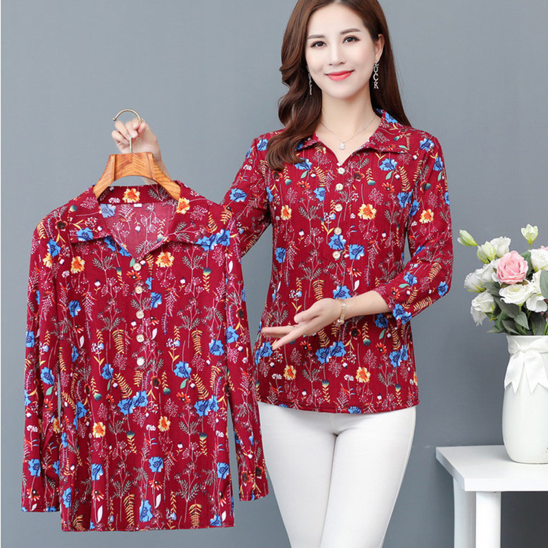 Sredovječne i starije ženske košulje Ljetne košulje na revere s printom dugih rukava Ležerna košulja Bluza Ženske majice Majčinska haljina 5XL